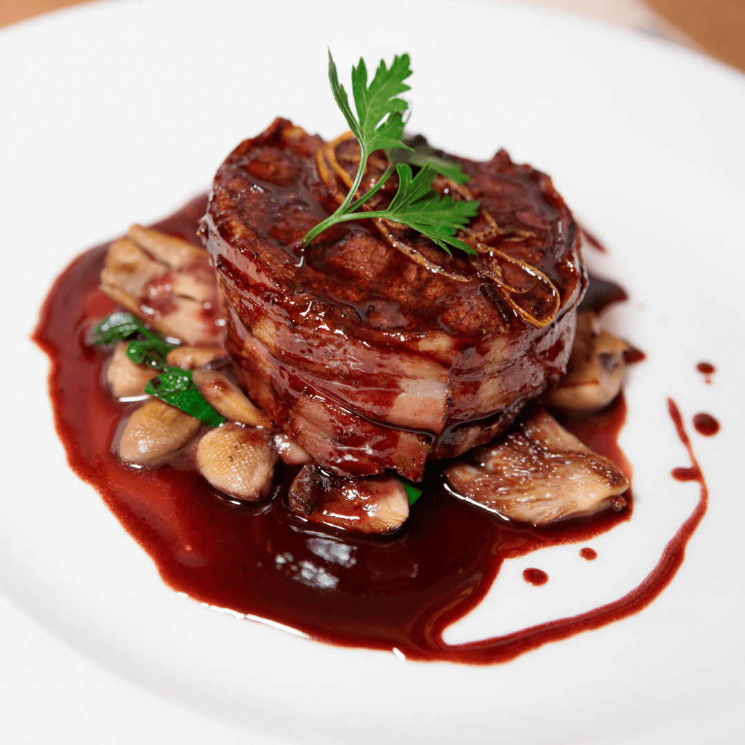 Bacon Wrapped Filet Mignon w/ Chocolate Balsamic Red Wine Reduction